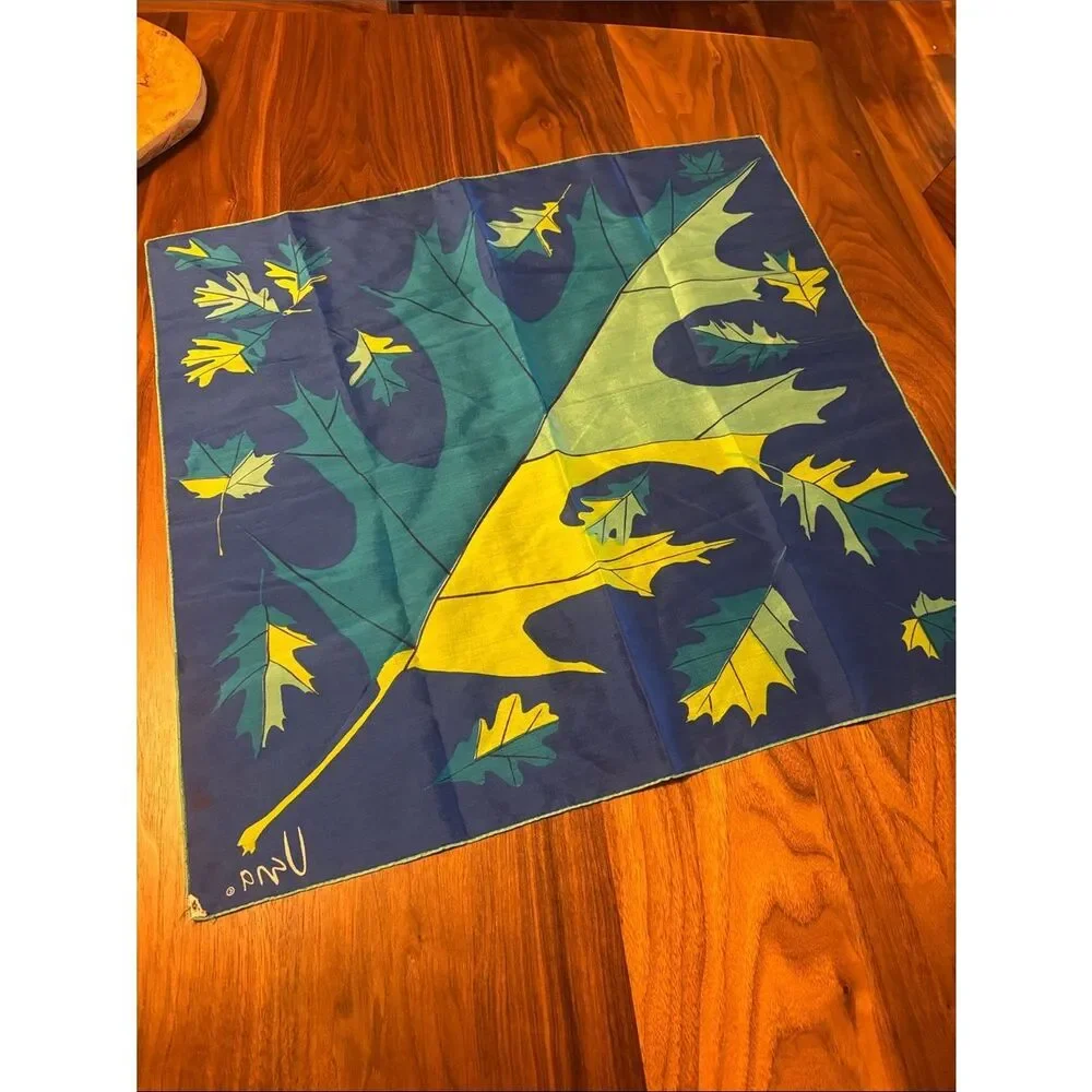 Vintage Vera Leaf Print Silk Scarf in Blue, Teal & Yellow